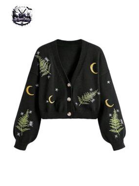 Women's Button Up Cardigan Long Sleeve Cropped Knit Goth Witchy Sweater